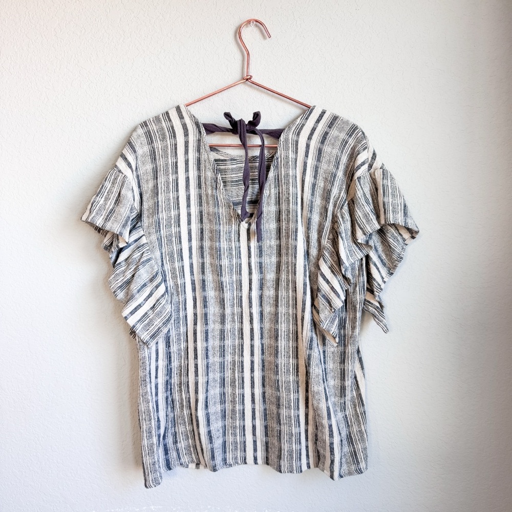 Doe & Rae Blue White Striped Ruffle Sleeve Bow Back Blouse Top M